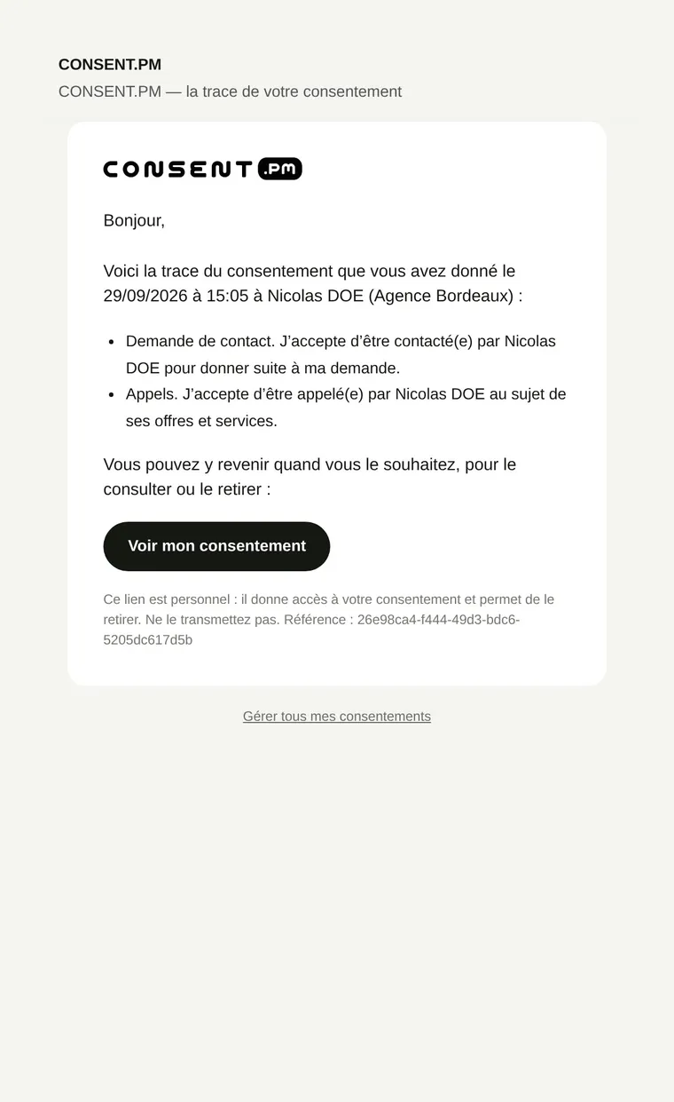 E-mail reçu par le prospect : la trace de son consentement