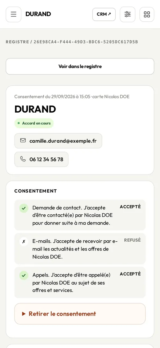Fiche du registre : choix acceptés et refusés