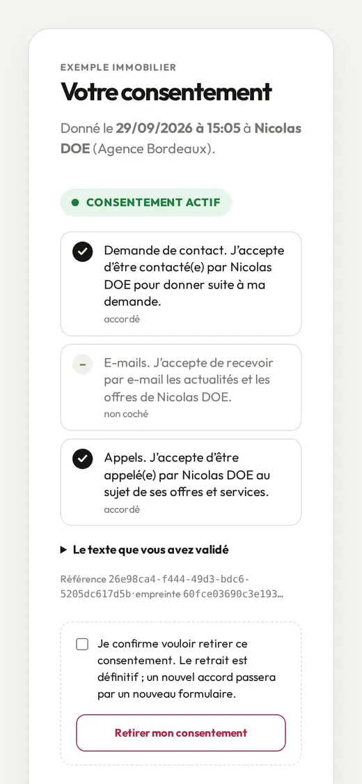 Page du prospect : consentement actif et bouton de retrait